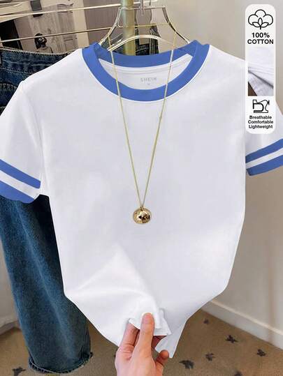 Resyla Women's Casual Striped Patchwork Round Neck Short Sleeve T-Shirt, Summer