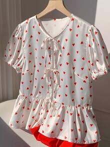 Comfortcana Women's Valentine's Day Heart Print Tie Front Shirt Valentine Clothes - White - View 6
