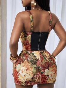 BamGleam Corset-Style Sleeveless Top With Artistic Floral Print, Versatile Wear As Outerwear Or Layering Piece, Retro-Inspired Daily Casual - Multicolor - View 2