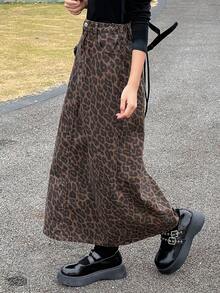 DAZY Teen Girl Leopard Print Slant Pocket Casual Denim Mini Skirt