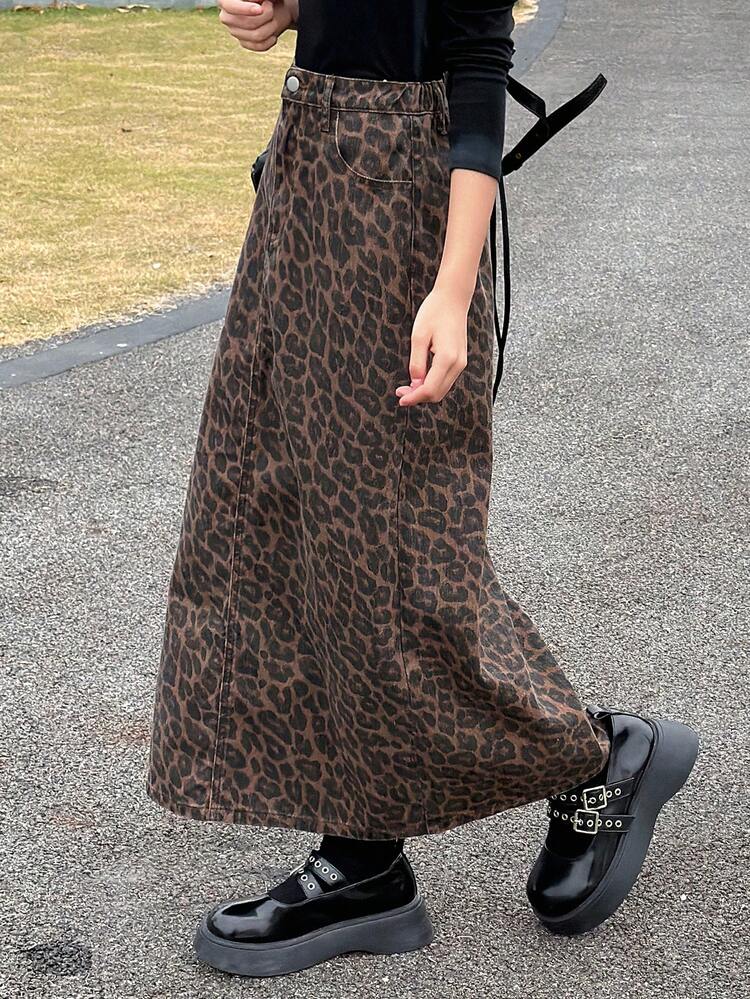 Teen Girl Leopard Print Slant Pocket Casual Denim Mini Skirt
