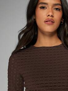 MISSGUIDED Long Sleeve Textured Knit Fitted Top With Bell Flare Sleeves Round Neck Cropped Length For Fall Winter - Brown - View 6