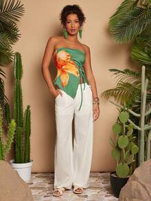 Travachic Floral Print Ruched Twist Front Sleeveless Vacation Crop Top - Green - View 3