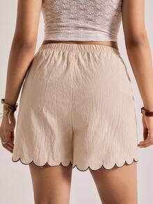 Freevana Plus Size Apricot Casual Short Woven Fabric Scallop Trim Track Shorts - Apricot - View 2