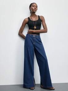 Maija Women's Blue Jeans, Summer Low-Rise Wide-Leg Trousers With Slits And Pockets, Classic Jeans. - Dark Wash - View 7