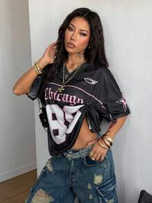 Coolane 女士春夏Y2K街头复古透气网眼印花数字图案足球T恤 - 黑色 - 查看 3