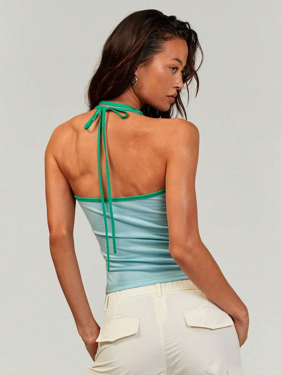 Athîral 女士休闲性感度假风撞色包边露背系带吊带衫 - 藍色 - 查看 1