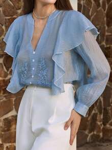 Dazy-Less Women's Embroidered Keyhole Neck Sheer Ruffle Trim Long Sleeve Blouse Vacation - Blue - View 6