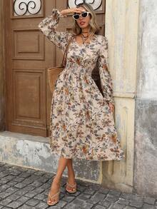 Brillora 女士印花褶皱喇叭袖收腰中长连衣裙，度假风 - 彩色 - 查看 4