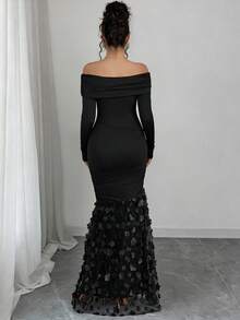 Rafferiza Vestido longo feminino elegante, ombro a ombro, cor sólida, manga longa, ajustado, com fenda e drapeado. - Preto - Ver 2