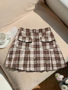 SHEIN 1pc Fashionable Plaid Pleated Skirt For Teenage Girls - Multicolor - View 3