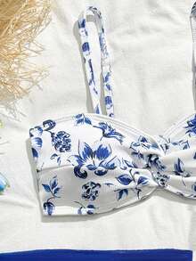 SHEIN 少女碎花印花可调节肩带泳衣套装，含罩裙，适合海滩、海边、度假 - 彩色 - 查看 5