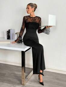 Siren Gaze Bộ đồ nữ gồm áo ren trơn màu thanh lịch và váy cúp ngực ôm sát, trang phục 2 mảnh duyên dáng dành cho phái đẹp. - màu đen - Xem 5