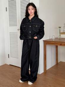 DAZY Teen Girl Casual Front Button Denim Jacket And Jeans Set, Autumn - Dark Wash - View 4