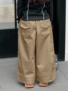 SHEIN x Tata & Beatriz Dazy Kids 女童纯色阔腿宽松休闲裤 - 卡其色 - 查看 4