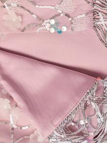 SHEIN Tween Girl Elegant Floral Beaded Fringe Poncho & Dress Set - Khaki - View 4