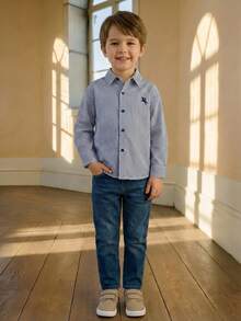 PrepCrw Young Boys' Logo Embroidered Button-Front Long Sleeve Shirt, Collegiate Style Dinosaur - Blue and White - View 1