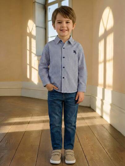 PrepCrw Young Boys' Logo Embroidered Button-Front Long Sleeve Shirt, Collegiate Style Dinosaur