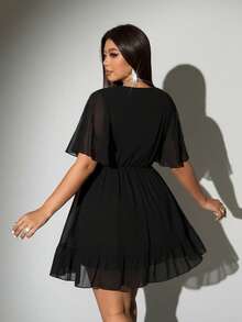 Viva Relle 大码女式纯色深V领褶皱腰身优雅荷叶袖连衣裙，适合约会和派对穿着 - 黑色 - 查看 5