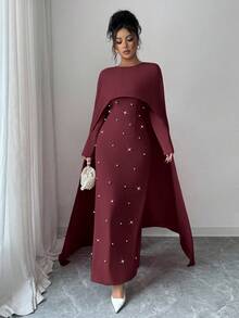 Elenzga فستان حفلات طويل مناسب للخصر مزين بالخرز ذو أكمام طويلة وياقة مستديرة، مصنوع من الأقمشة المحبوكة، مناسب للخريف والشتاء، أنيق ومتعدد الاستخدامات - الأحمر - مشاهدة 5