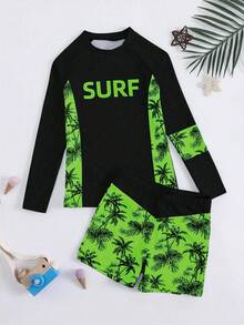 SHEIN 男童字母印花圆领长袖上衣和印花泳裤套装 - 綠色 - 查看 3