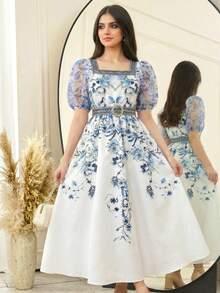 SHEIN Teen Girl White & Blue Floral Retro Print Robe,Middle Eastern/Arabic Style Elegant Summer Party Long Dress,Suitable For Vacation,Short Sleeve Dresses - Blue and White - View 7