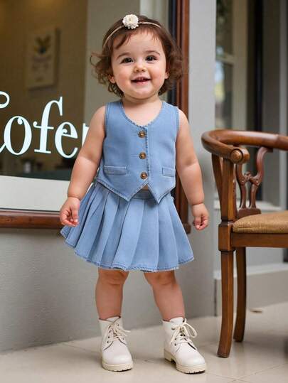 女婴牛仔无袖背心和百褶裙两件套