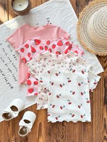 SHEIN LMoss Kids 4pcs/Set Cute Ditsy Floral Short Sleeve Knit Tops,Versatile Summer Cherry Baby Clothes Girl Watermelon Shirts Strawberry - Multicolor - View 2