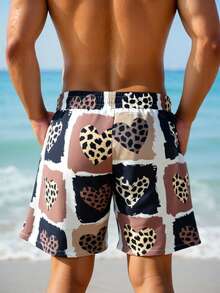 Manfinity Swimmode 男士休闲豹纹格纹抽绳腰斜插口袋沙滩短裤 - 咖啡棕 - 查看 2