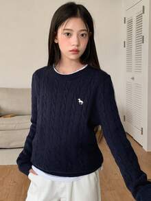 DAZY Teen GirlLoose Casual Basic Crew Neck Sweater With Embroidery Pattern, Autumn - Navy Blue - View 5