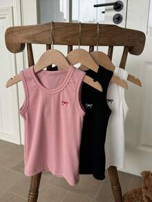 Dazy Kids 3件套少女针织圆领蝴蝶结刺绣背心套装，秋季 - 彩色 - 查看 3