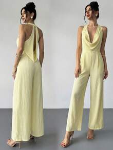 Firerie 优雅现代通勤浪漫约会性感派对海滩度假露背深V领束腰白色阔腿裤，适合节日、情人节、婚礼季、音乐节等场合。 - 淡黃色 - 查看 8