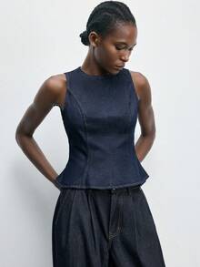 Maija Women's Casual Washed Sleeveless Denim Crop Top - Dark Wash - View 5