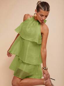COSMINA 女士多层荷叶边吊带优雅无袖迷你连衣裙，情人节，派对，鼠尾草绿连衣裙 - 綠色 - 查看 1