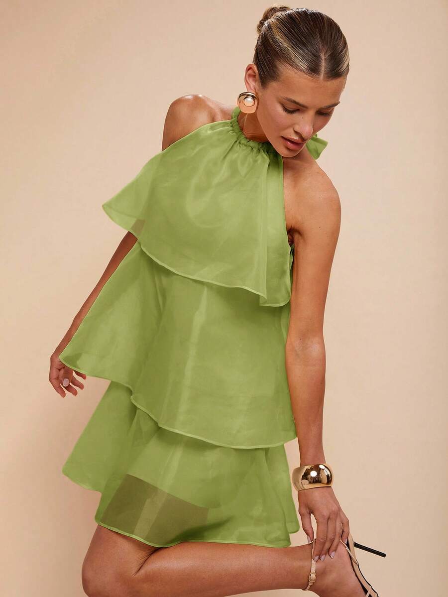 COSMINA 女士多层荷叶边吊带优雅无袖迷你连衣裙，情人节，派对，鼠尾草绿连衣裙 - 綠色 - 查看 1