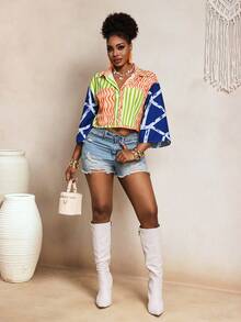 BamGleam Early Spring Casual Loose Asymmetrical Pattern Patchwork Flare Sleeve Women Shirt - Multicolor - View 7