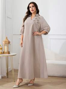 Veilorie Plus Size Elegant Commuter Dress With Pearl Decoration And Embroidery Fall - Khaki - View 1