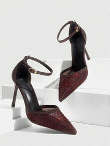 CUCCOO SZL Sapatos de salto alto de bico fino na cor champanhe com strass e painéis de tule, sapatos de festa luxuosos e brilhantes para mulheres, ideais para casamentos. - Borgonha - Ver 2