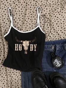 Attitoon Bộ 3 áo hai dây croptop in hình mèo dễ thương, ngôi sao lễ hội âm nhạc, đầu bò phương Tây, màu trơn, kiểu dáng thường ngày, đa năng, cổ tròn ôm sát, phù hợp cho nữ mùa hè. - Nhiều màu - Xem 7