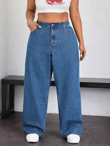 SHEIN ICON Plus Size Solid Color Casual Jeans - Medium Wash - View 1