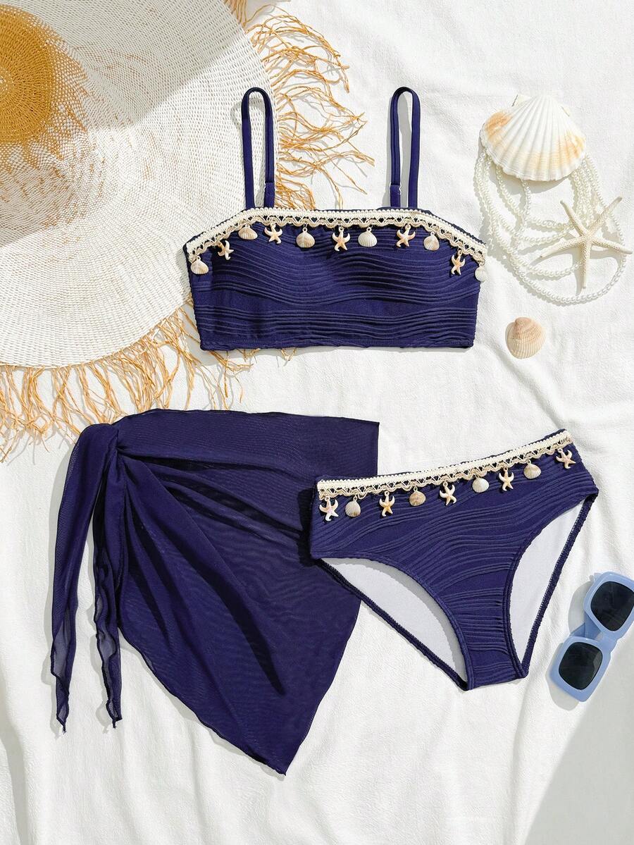 SHEIN 少女夏季海滩度假贝壳海星编织肩带比基尼套装