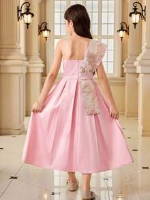 Vestido Jacquard com Um Ombro e Bainha Plissada para Meninas Pré-Adolescentes - Rosa Bebê - Visão 4