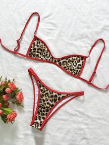 Swim Vcay Women's Leopard Print Bikini Set,Contrast Red Mini Cup Bandeau Strapless Swimwear,Summer Casual Beach Vacation Holiday Outfits For Woman,Tan - Multicolor - View 11