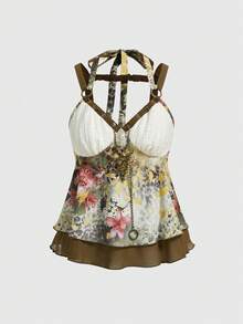 ROMWE Grunge Punk Retro Y2K Baddie Leopard & Floral Print A-Line Women Tank Top - Multicolor - View 1