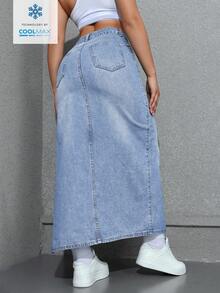 Flexra 女士浅蓝色开衩时尚牛仔迷你裙 - 淺色水洗藍 - 查看 2