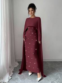 Elenzga فستان حفلات طويل مناسب للخصر مزين بالخرز ذو أكمام طويلة وياقة مستديرة، مصنوع من الأقمشة المحبوكة، مناسب للخريف والشتاء، أنيق ومتعدد الاستخدامات - الأحمر - مشاهدة 7