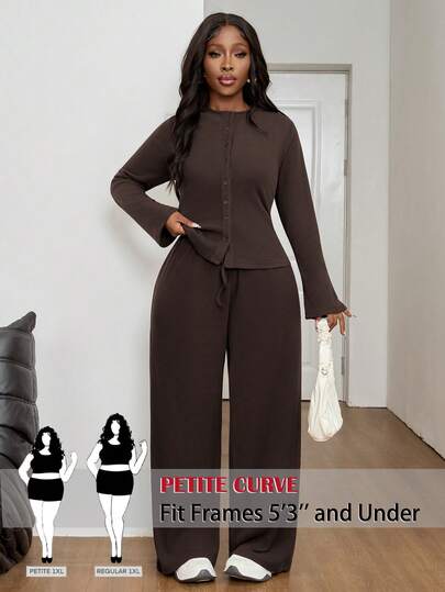 SHEIN PETITE CURVE Plus Size Women Solid Color Long Sleeve Single-Breasted Top And Wide Leg Pants Casual 2 Pieces Set