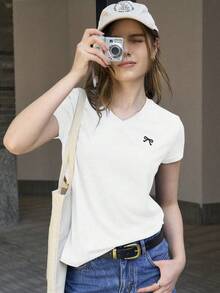 Jouncy Women's Bow Print V-Neck Short Sleeve Casual Versatile T-Shirt - White - View 3