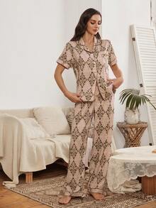 Serenescape Women's Casual Geometric Print Short Sleeve Pajama Set - Multicolor - View 6