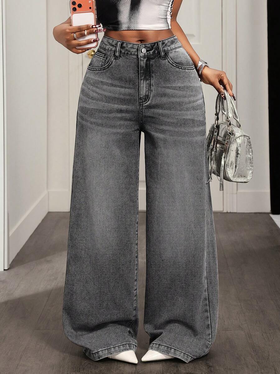 BamGleam 休闲中腰宽松直筒阔腿牛仔裤 - 灰色 - 查看 1
